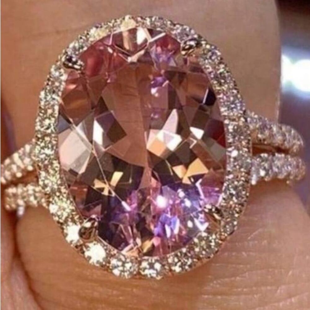 New 14k Gold Plated | Rose Gold Oval Blush CZ Halo Ring | Statement Sparkle